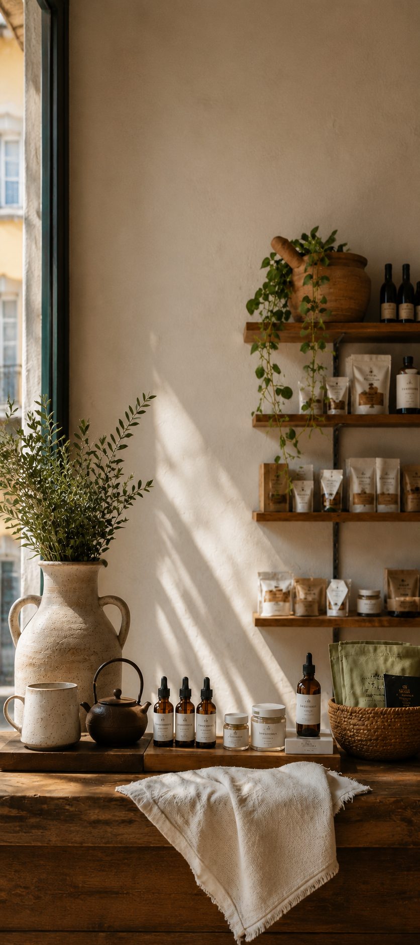Interior do The Wellness Hub, com prateleiras de chá, óleos e produtos biológicos